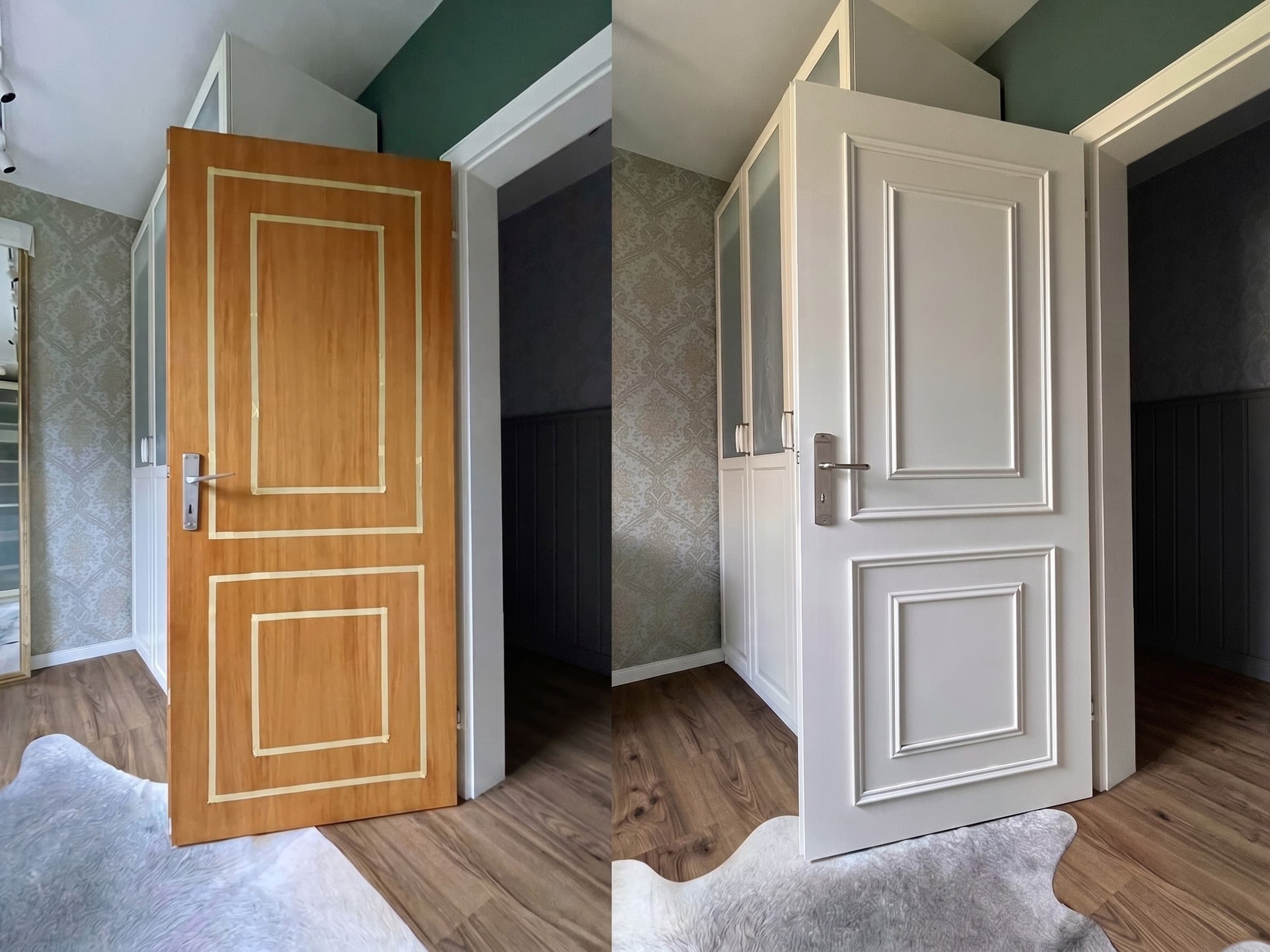 Zimmertür vor und nach dem Lackieren — links Holzdekor mit Abklebeband, rechts weiß lackiert